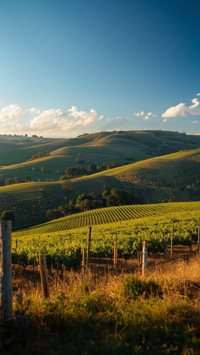 Lush green vineyard rows on rolling hills under a clear blue sky at golden hour
