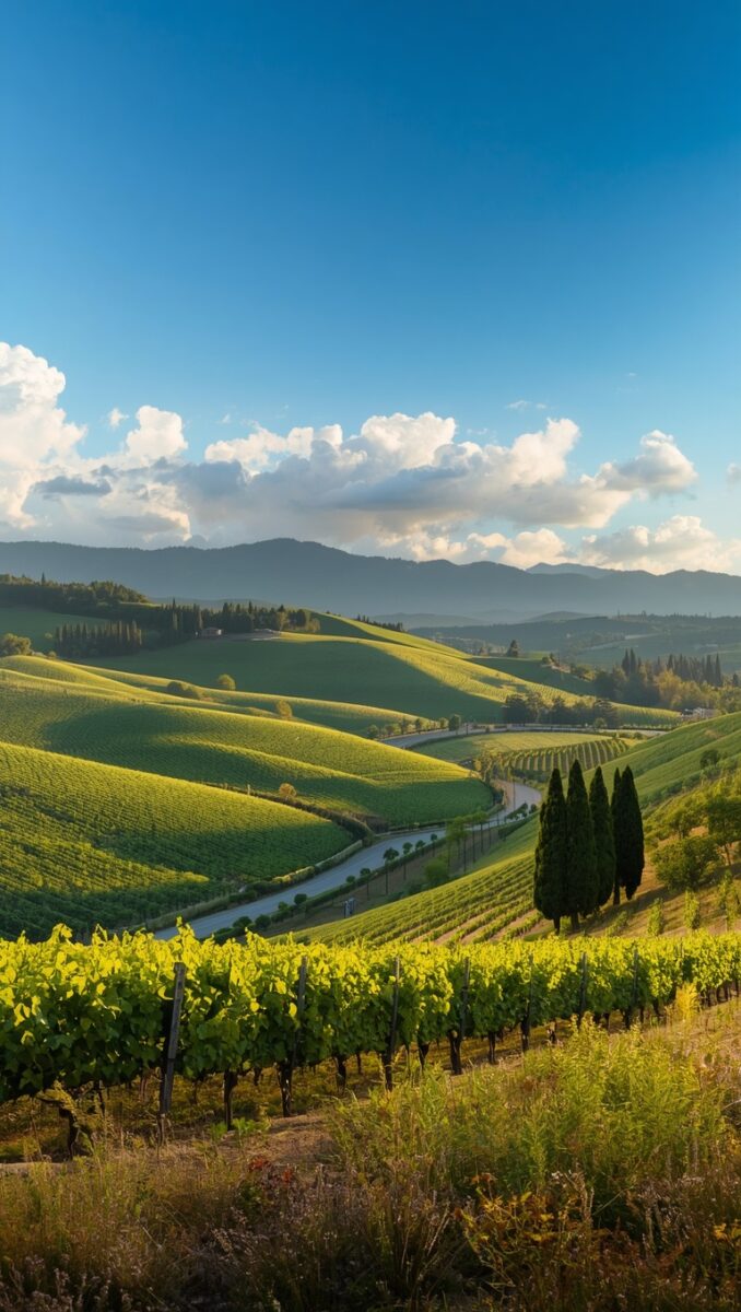 Rolling Tuscan vineyards with cypress trees, winding road, and green hills under a blue sky with white clouds