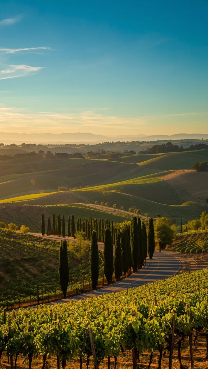 Vineyard with cypress-lined road at golden hour, rolling green hills and misty mountains in background