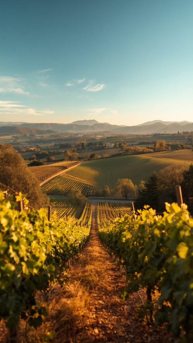 Golden vineyard rows stretching across rolling hills at sunset with mountains and blue sky in background