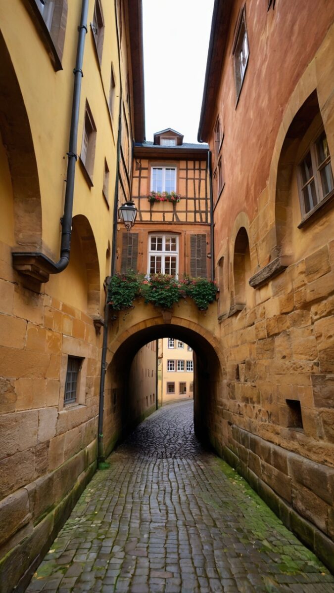 Narrow cobblestone alleyway with stone archway and flower boxes in a medieval European old town