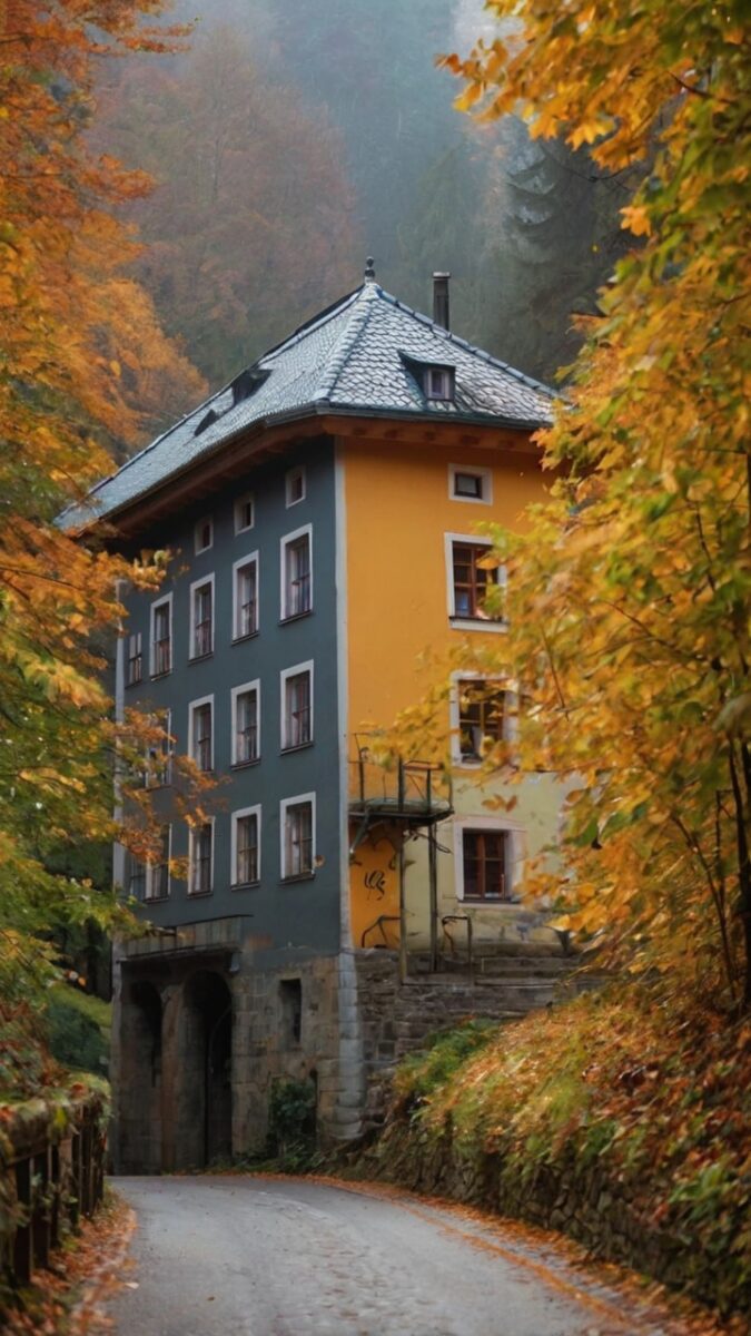 Tall historic building with gray and yellow facade nestled among autumn forest trees on a misty forest road