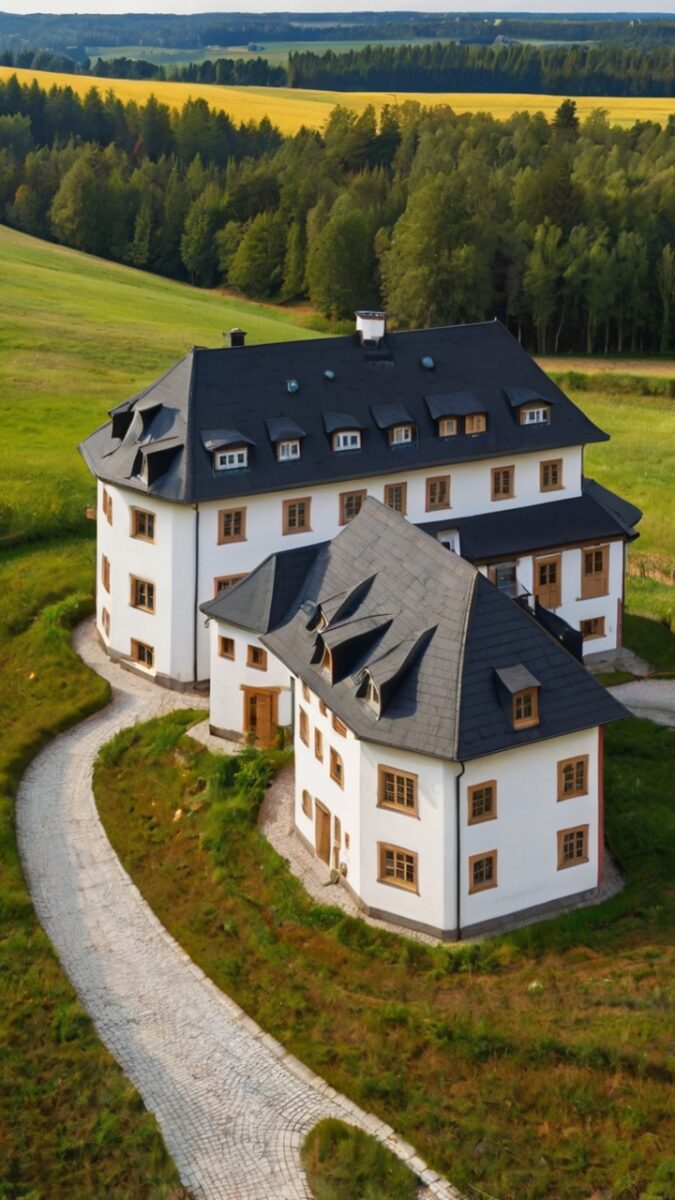 Aerial view of a large white Central European manor house with dark slate roof surrounded by green fields and forest