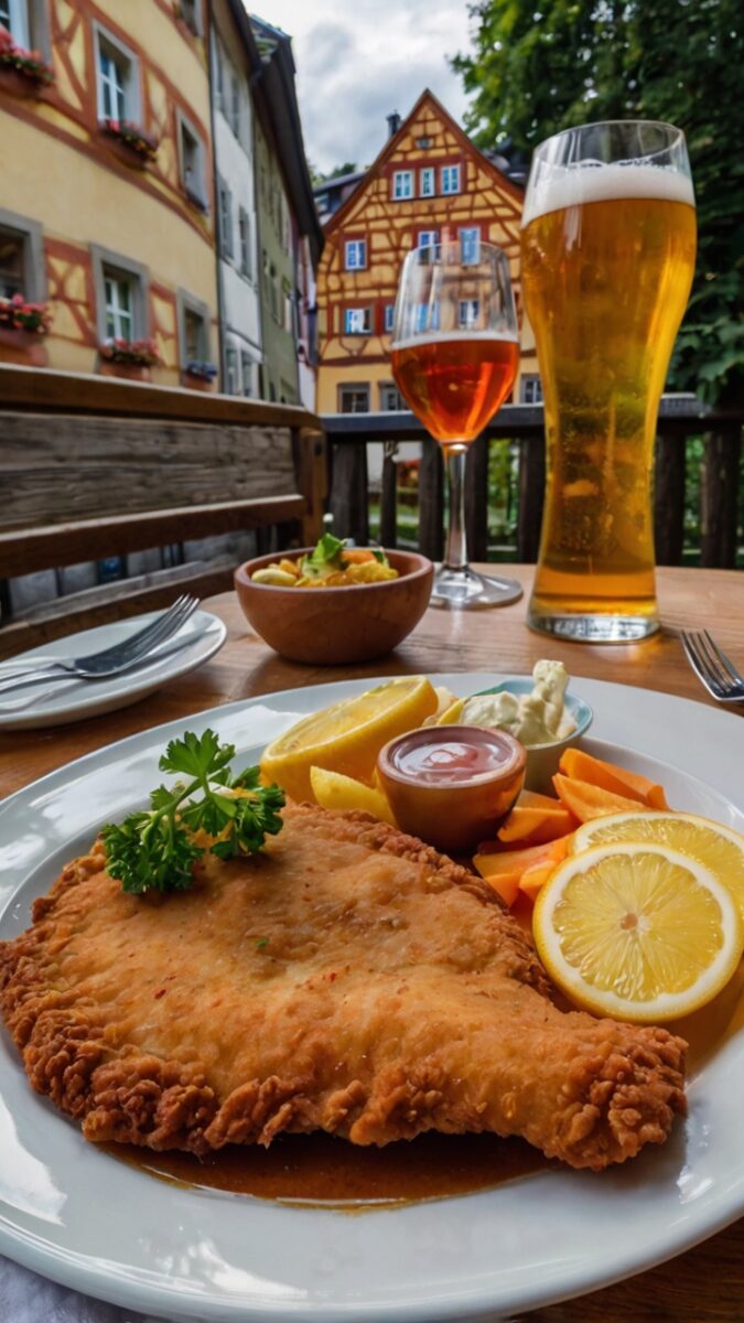 Traditional German schnitzel with lemon, carrots, and sauces served with wheat beer and rosé wine at outdoor restaurant