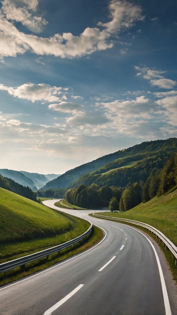 Winding two-lane highway curving through lush green valleys and forested hills under a blue sky with clouds