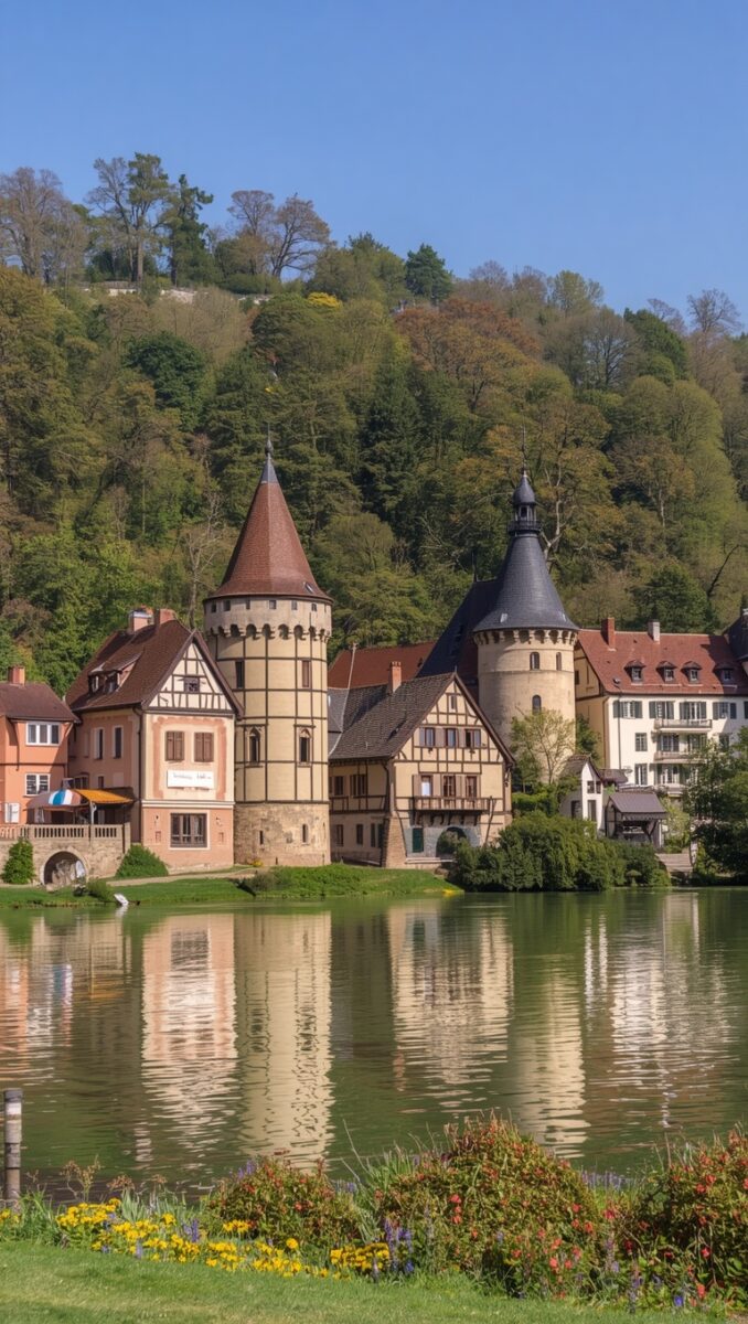 Medieval European town with half-timbered buildings and conical towers reflected in a calm lake, surrounded by forested hills