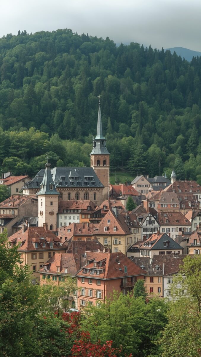 Historic European hilltop town with red-tiled rooftops, church spire, and dense forested mountains in background
