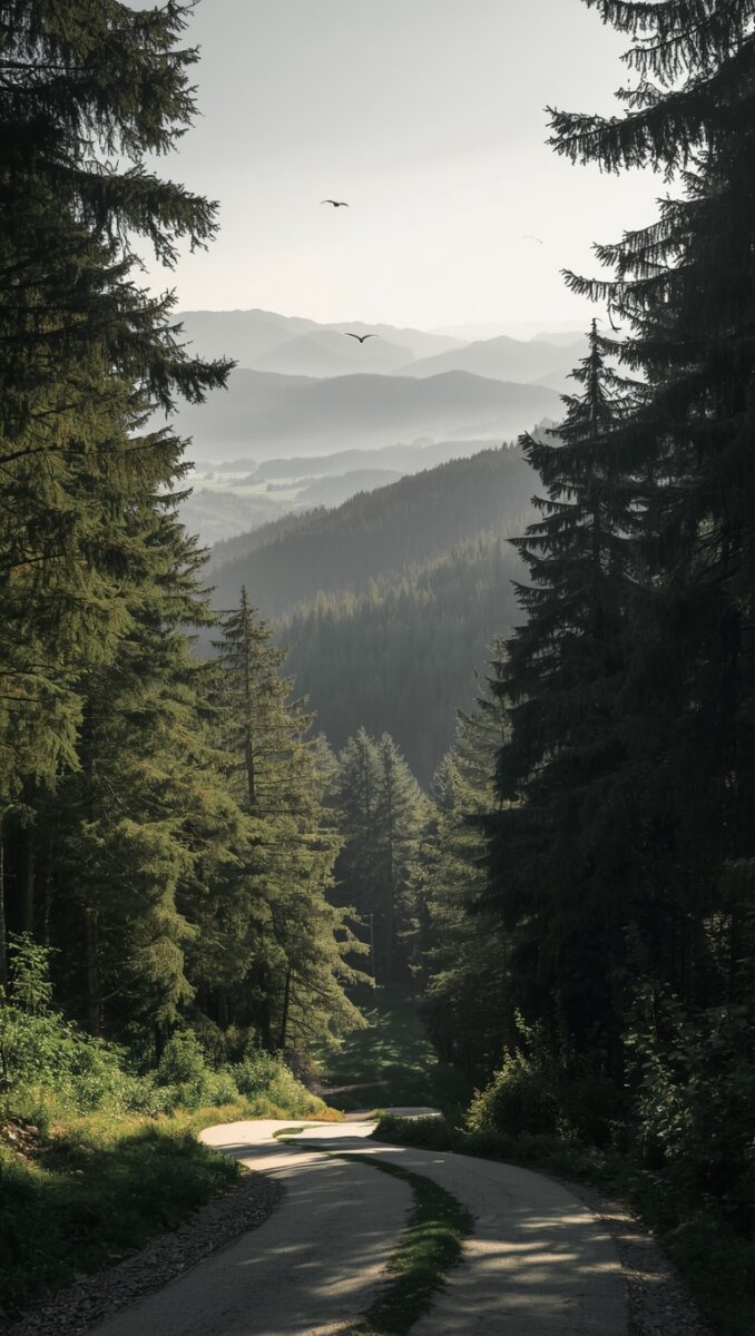 Winding mountain road through dense evergreen forest with misty layered mountains and birds in background