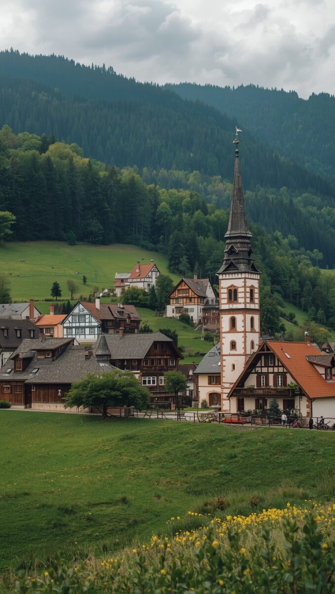 Charming German Black Forest village with church steeple, half-timbered houses, green meadows, and forested hills