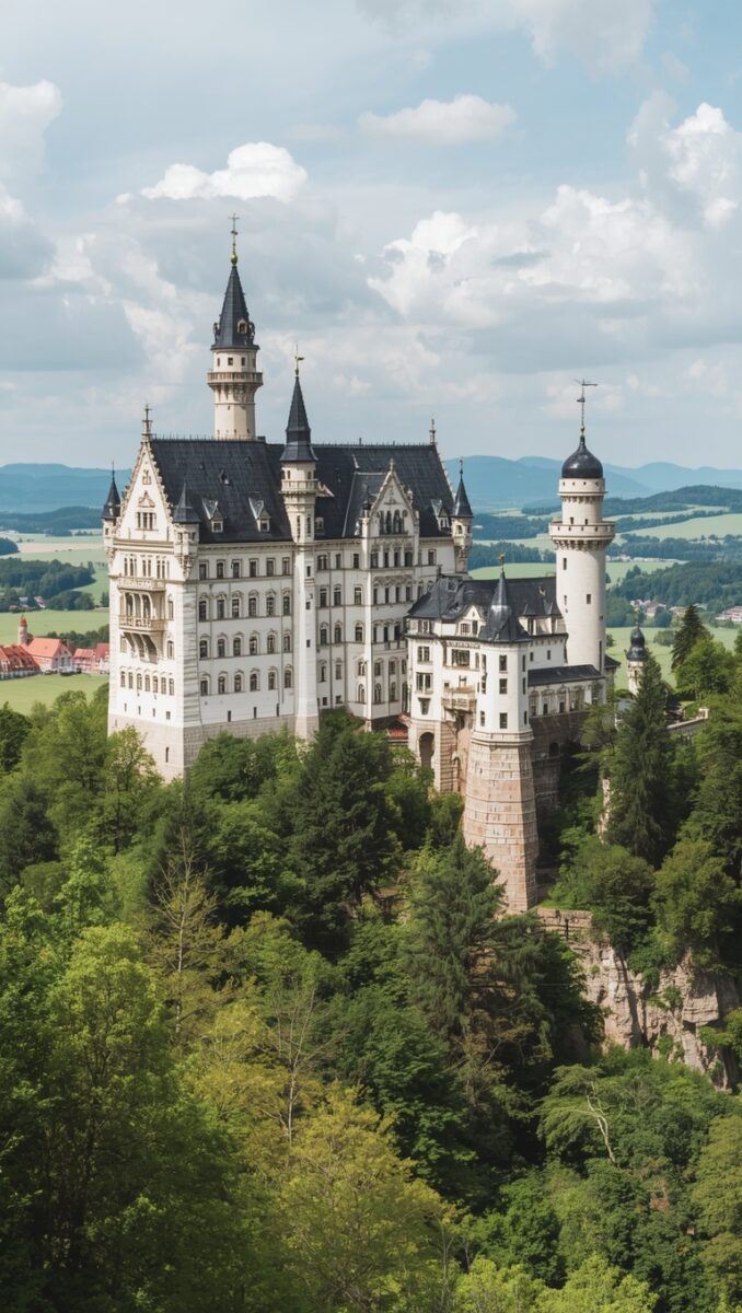 Neuschwanstein Castle perched on a forested cliff in Bavaria, Germany, with rolling green hills and mountains in the background