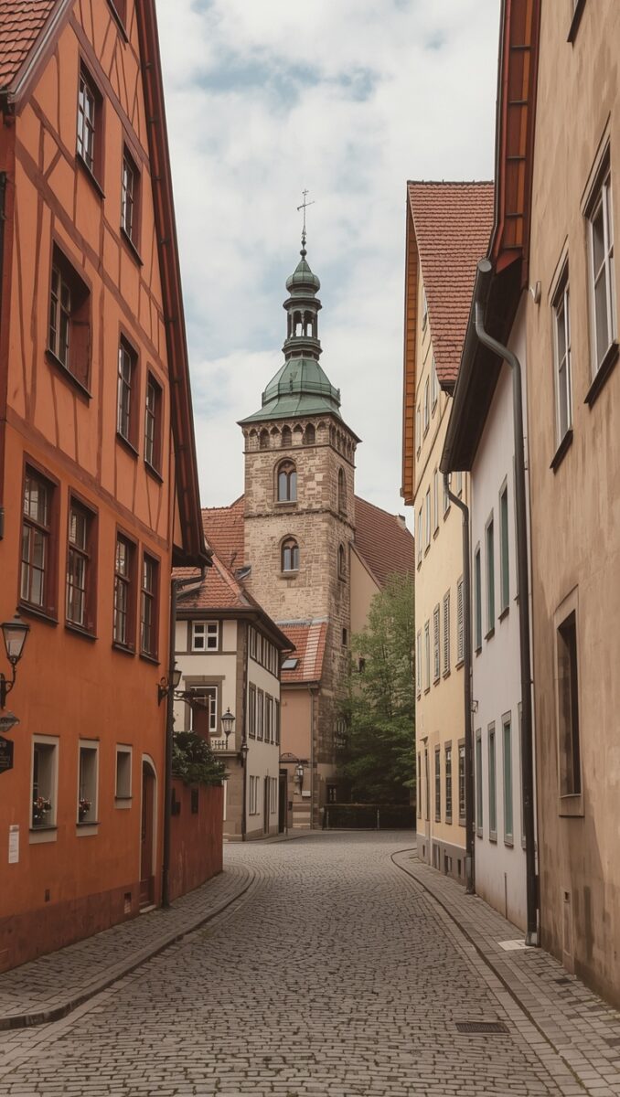 Cobblestone alley in a German medieval town with a stone church tower featuring a green copper spire