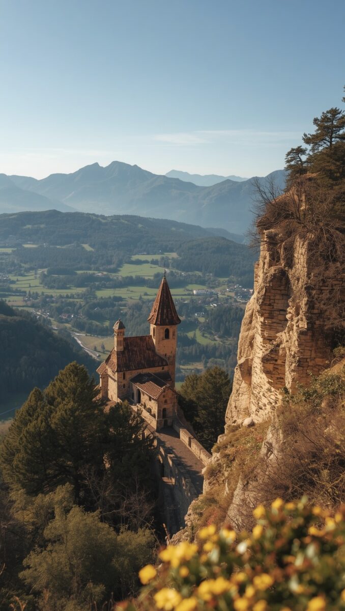 Medieval castle with pointed tower perched on a cliff edge surrounded by pine trees with Alpine valley and mountains behind