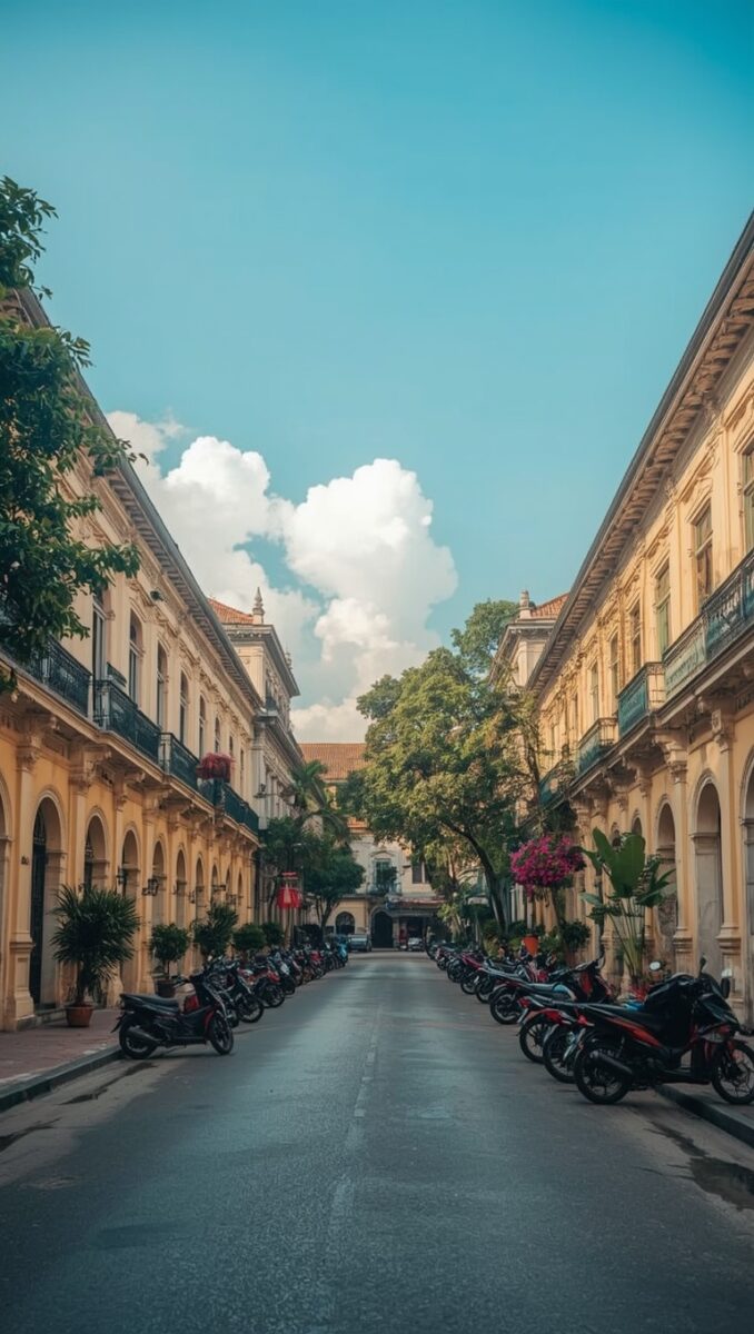 Tree-lined street flanked by French colonial buildings with motorcycles parked on both sides under a blue sky
