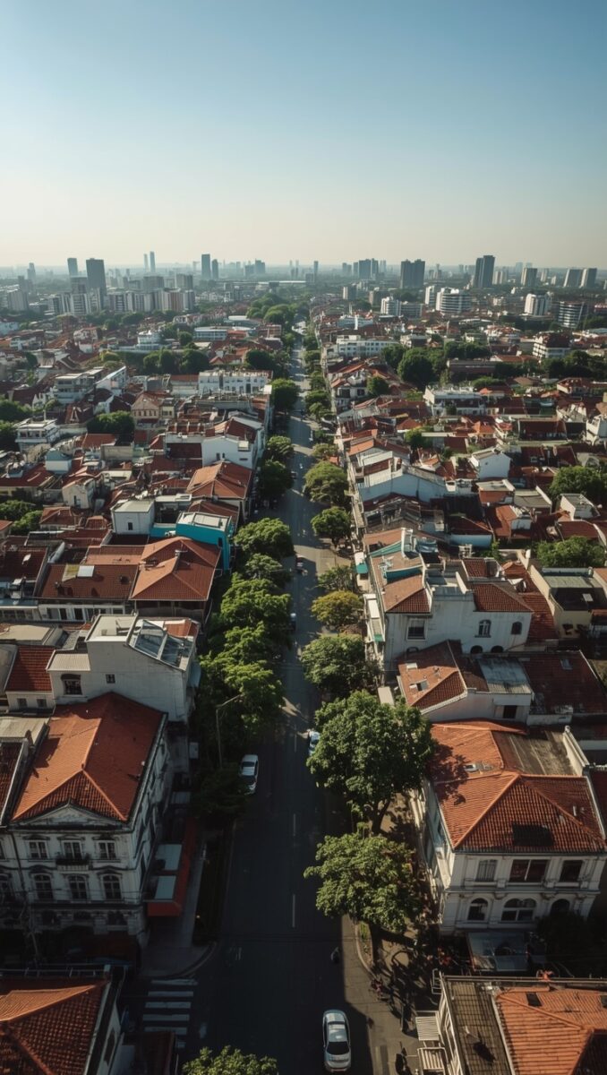Aerial view of a Southeast Asian city with red-tiled colonial shophouses, tree-lined streets, and modern skyline in background