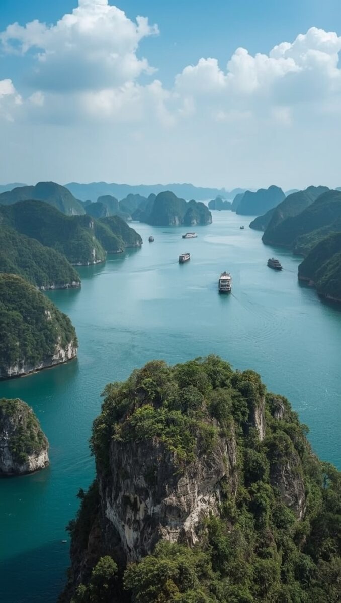 Aerial view of Ha Long Bay Vietnam with limestone karst islands, turquoise waters, and cruise ships