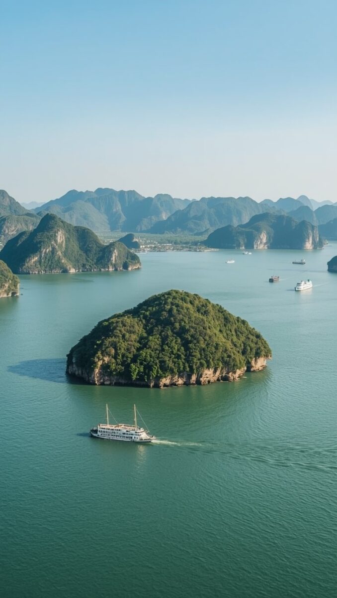 Aerial view of Ha Long Bay Vietnam with limestone karst islands, emerald green water, and a cruise junk boat sailing