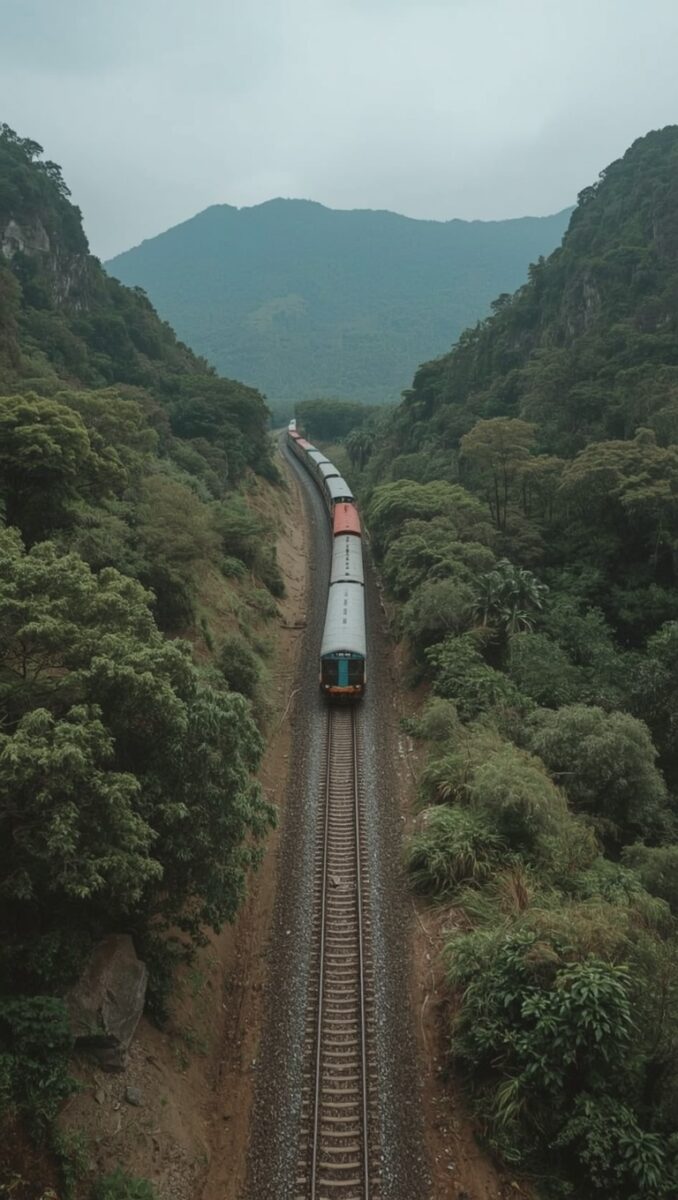 Aerial view of a freight train winding through a lush tropical mountain valley on a single railway track