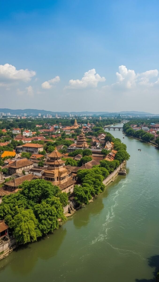 Aerial view of a Chinese riverside city featuring traditional pagodas, red-roofed temples, lush trees, and a green river with arched bridge