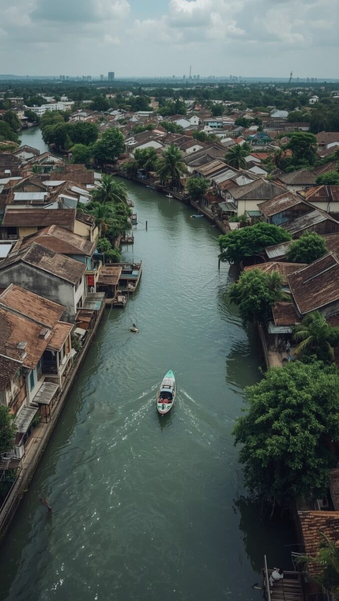 Aerial view of a Southeast Asian canal with a small boat navigating between densely packed riverside houses and trees