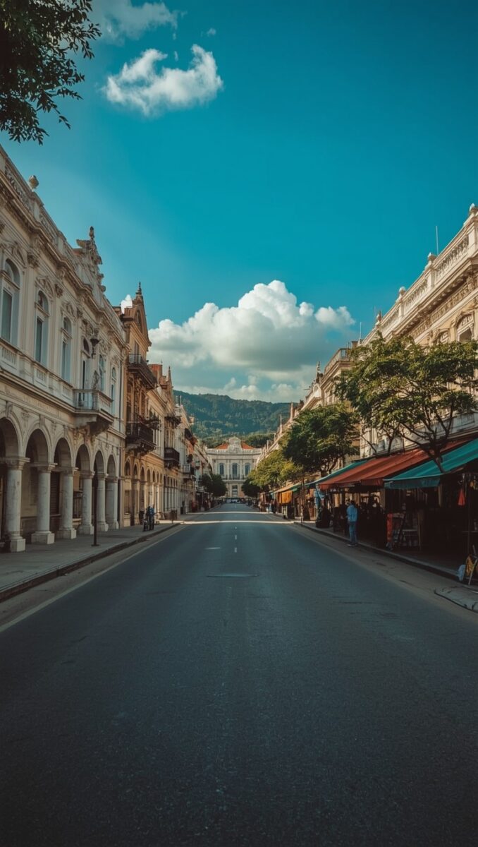 Wide empty street flanked by neoclassical buildings with market stalls, trees, and a blue sky with clouds