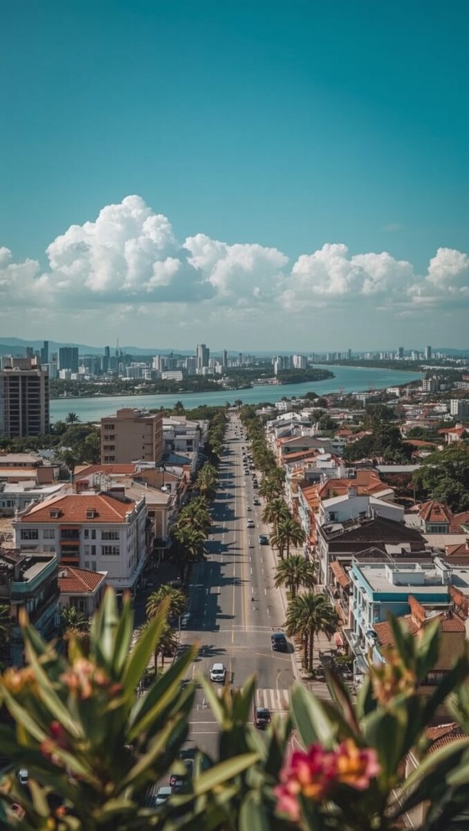Aerial view of a tropical coastal city boulevard lined with palm trees leading to a waterfront skyline
