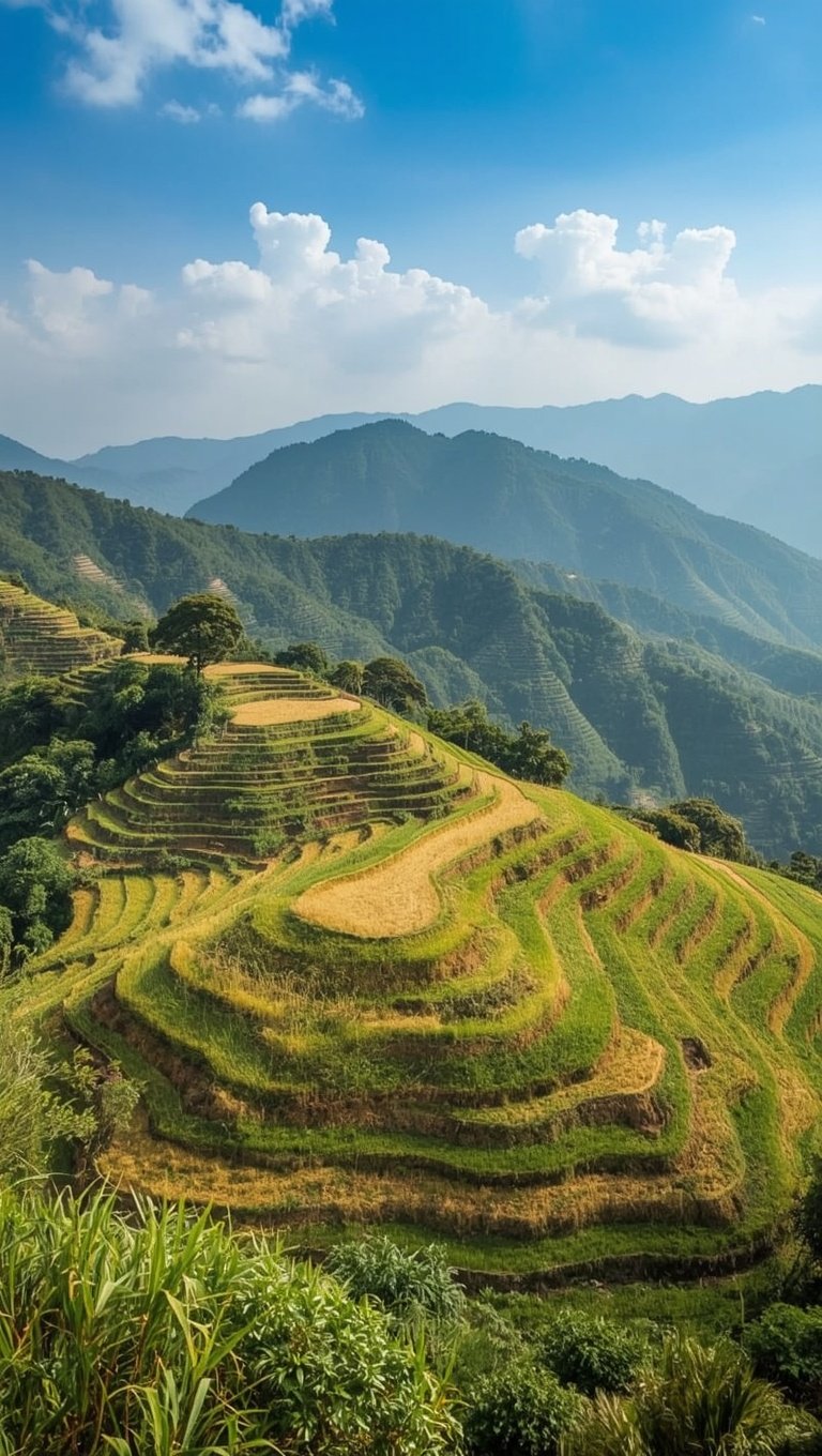 Lush green terraced rice fields cascading down a mountain hillside with forested peaks and blue sky in background