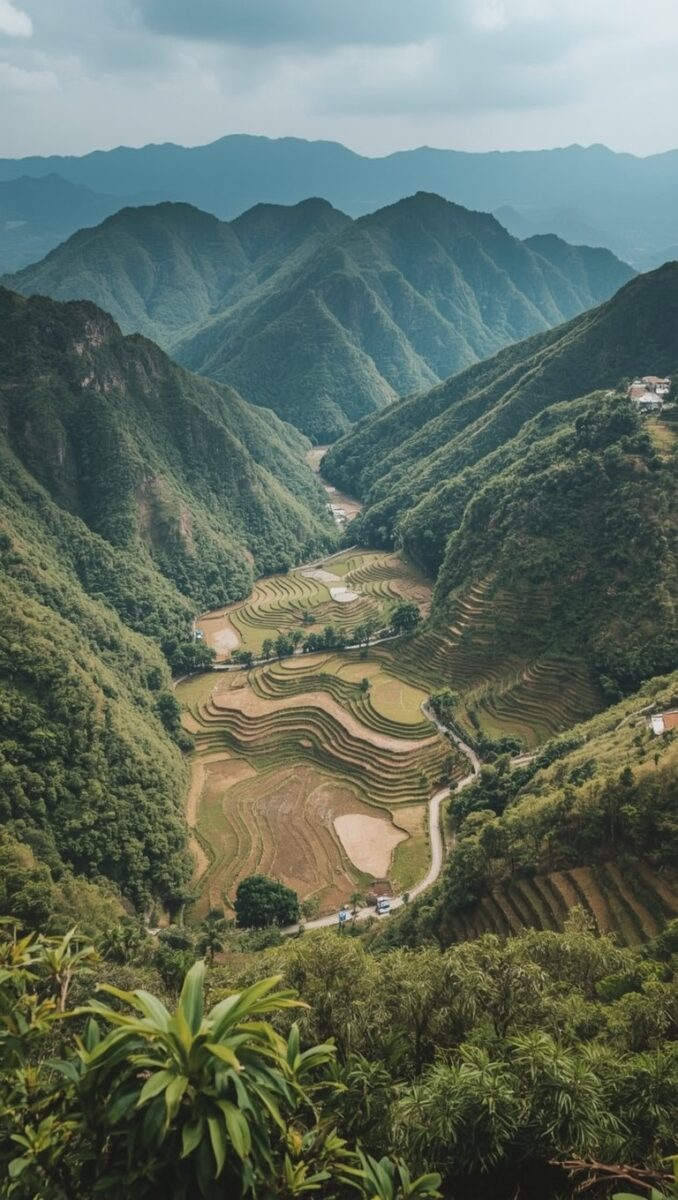 Aerial view of terraced rice fields in a lush green mountain valley with layered agricultural terraces
