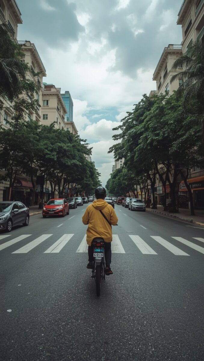 Person in yellow hoodie and helmet riding a motorcycle down a wide tree-lined urban boulevard
