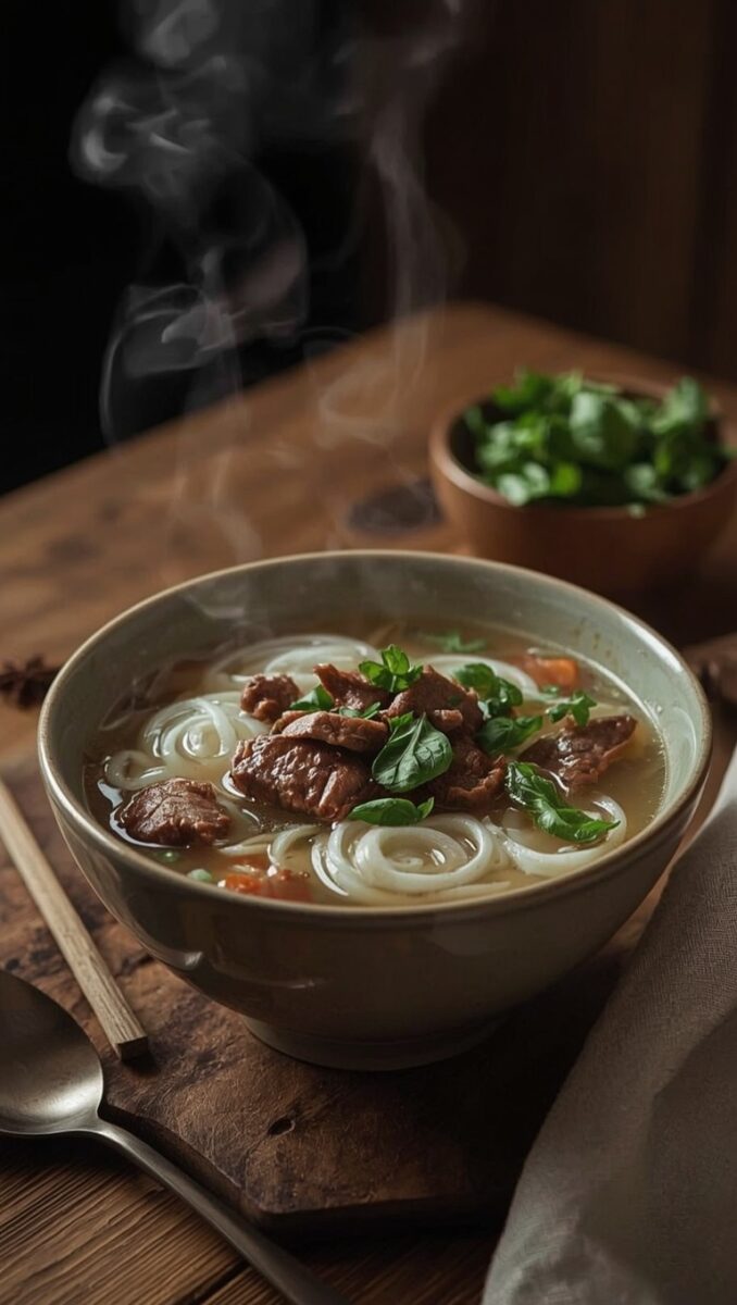 Steaming bowl of beef noodle soup with rice noodles, braised meat, and fresh herbs on rustic wooden table