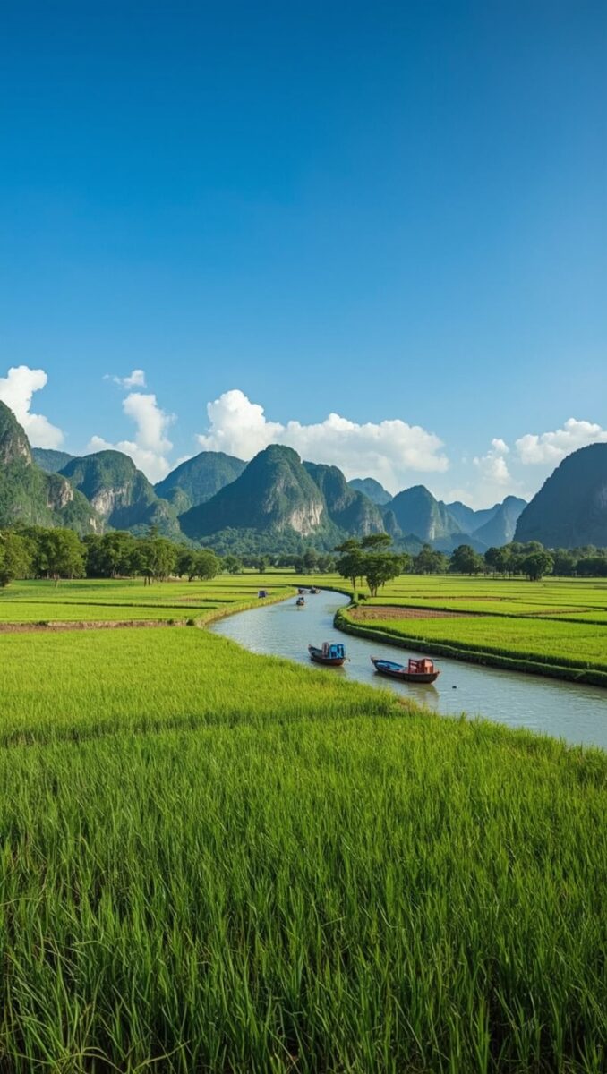 Lush green rice paddies with a winding river, small boats, karst mountains, and blue sky in Southeast Asia