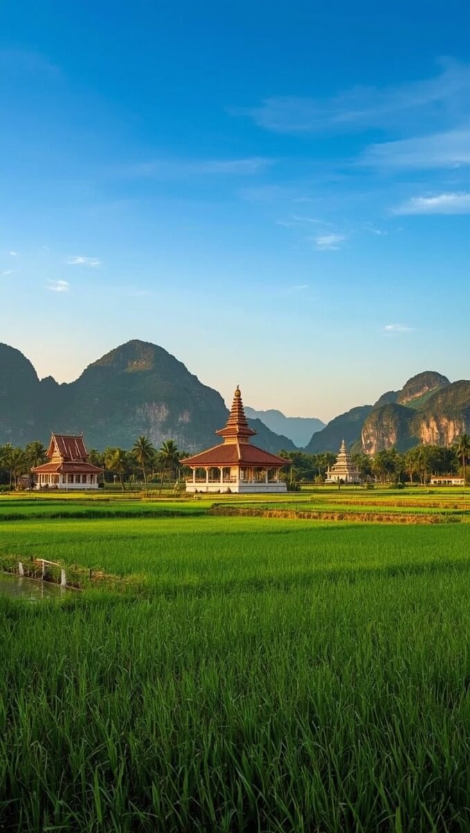Lush green rice paddies with traditional Southeast Asian Buddhist temples and karst limestone mountains under blue sky