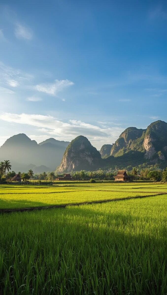 Lush green rice paddies stretching toward dramatic karst limestone mountains under a bright blue sky in Southeast Asia
