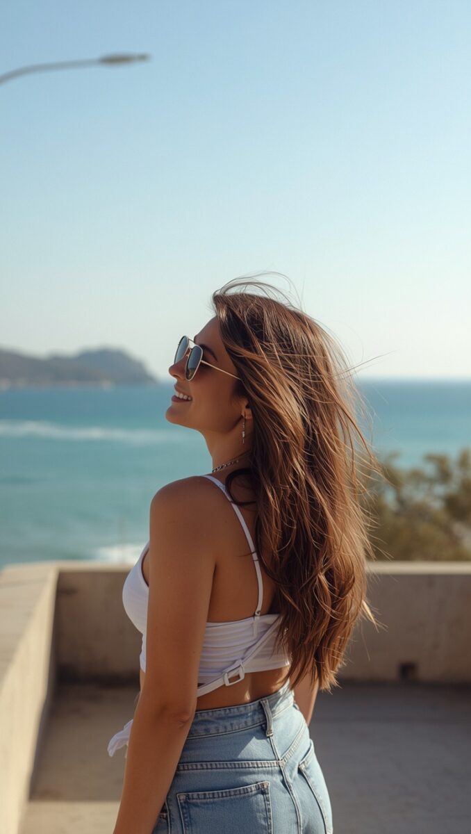 Young woman with long brown hair wearing white crop top and jeans smiling by the ocean on a sunny day