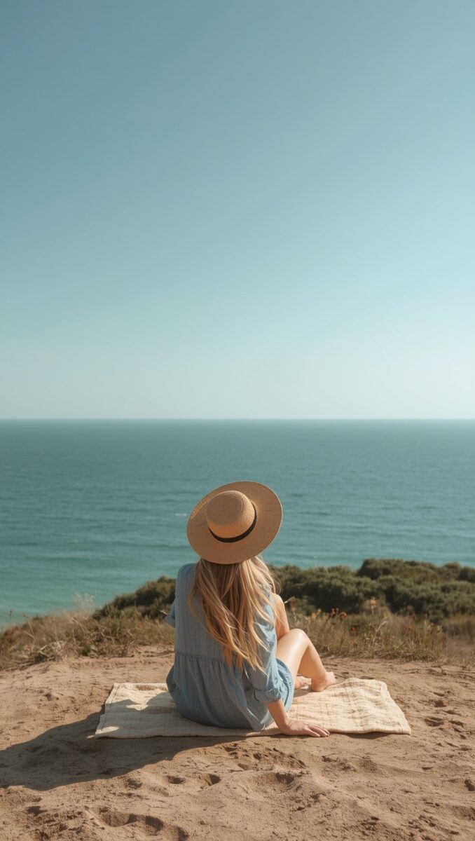 Woman in straw hat and blue dress sitting on blanket overlooking turquoise ocean from sandy cliff