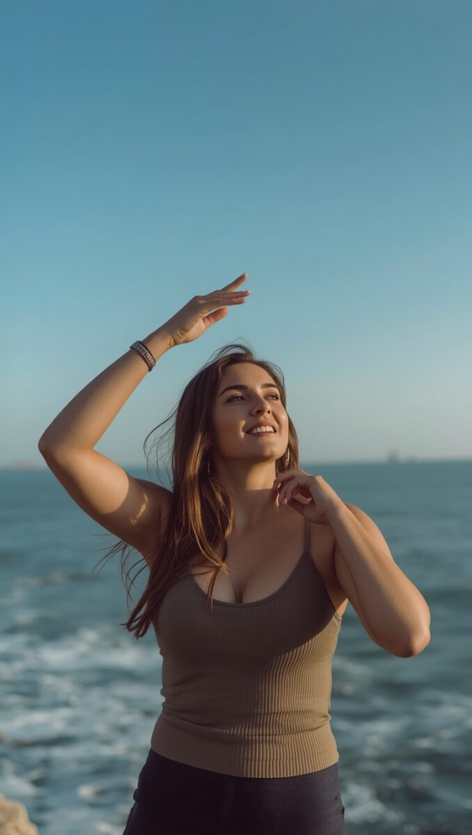 Young woman in tan ribbed tank top smiling and posing by the ocean on a clear sunny day