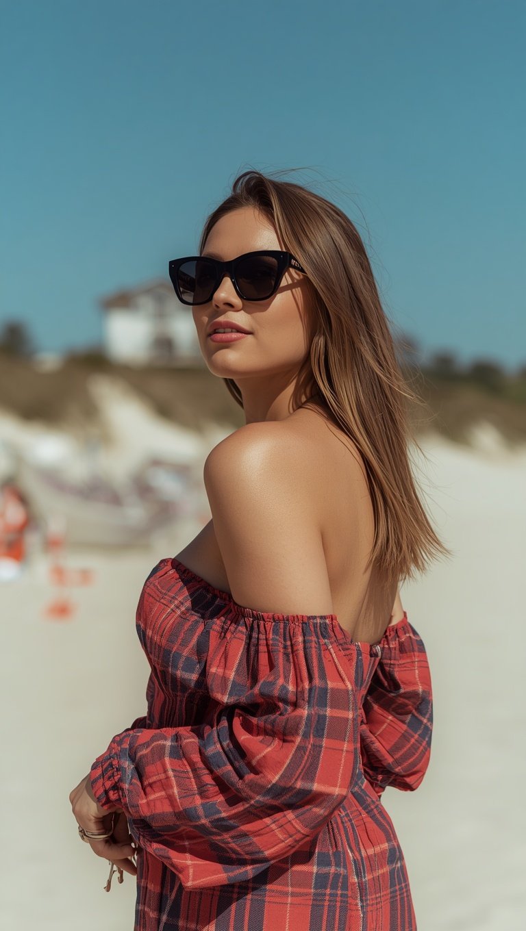 Woman in red plaid off-shoulder dress and black sunglasses posing on a sunny beach with white sand