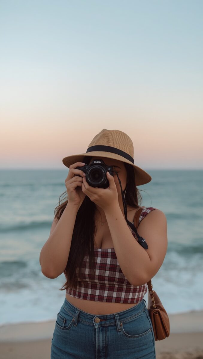 Young woman in straw hat and plaid crop top photographing with DSLR camera at beach during sunset
