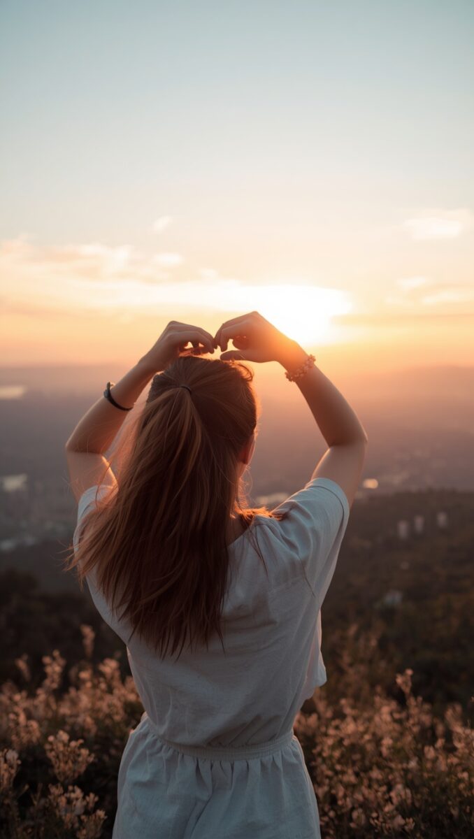 Woman making heart shape with hands toward sunset from hilltop overlook with city view below