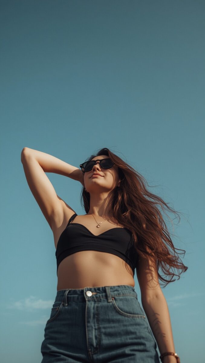 Young woman in black crop top and high-waist jeans posing against clear blue sky on a sunny day