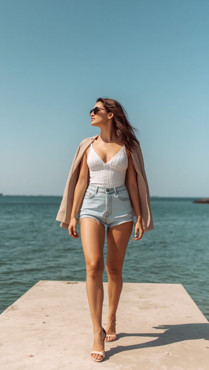Woman in white corset top, denim shorts, and beige blazer walking on a seaside pier on a sunny day