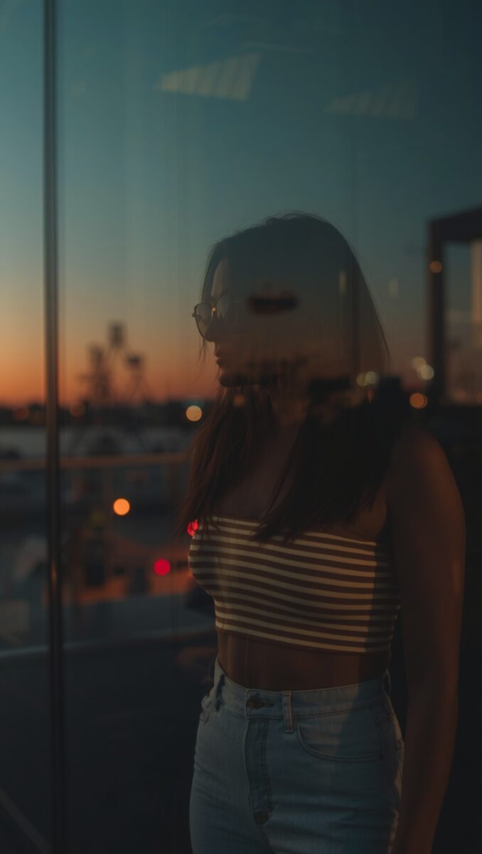 Young woman in striped crop top and jeans standing by glass window at sunset with city lights bokeh background