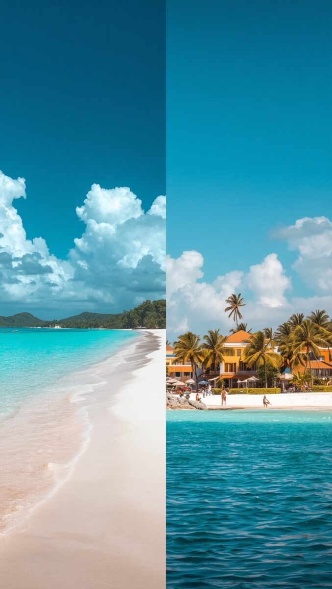 Split comparison of two tropical beaches: empty white sand beach with turquoise water left, resort beach with palm trees and colorful buildings right