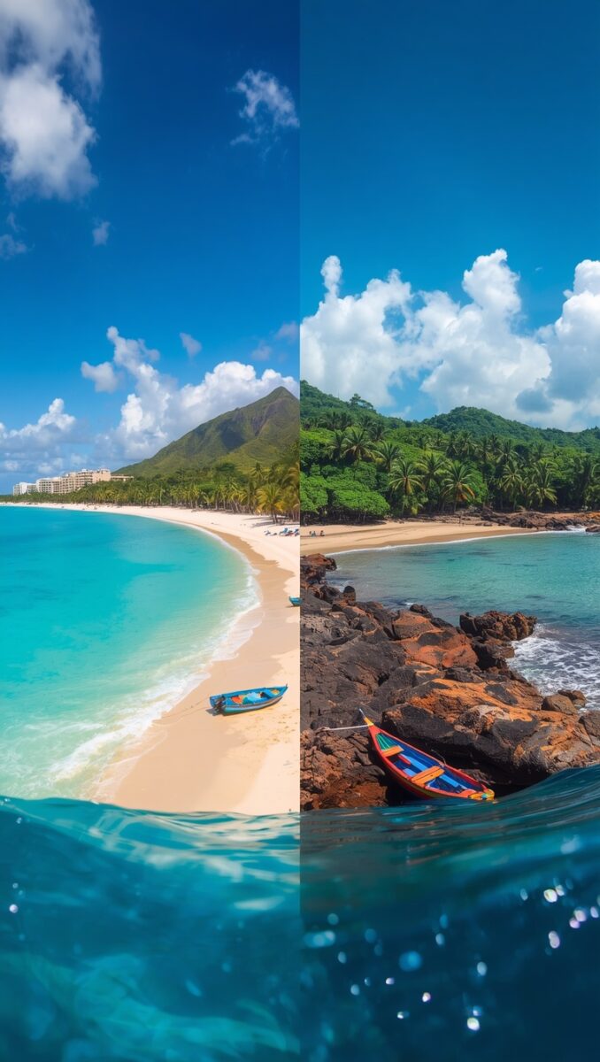 Split image comparing two tropical beaches: sandy turquoise shore with resort on left, rocky volcanic coastline with colorful boats on right