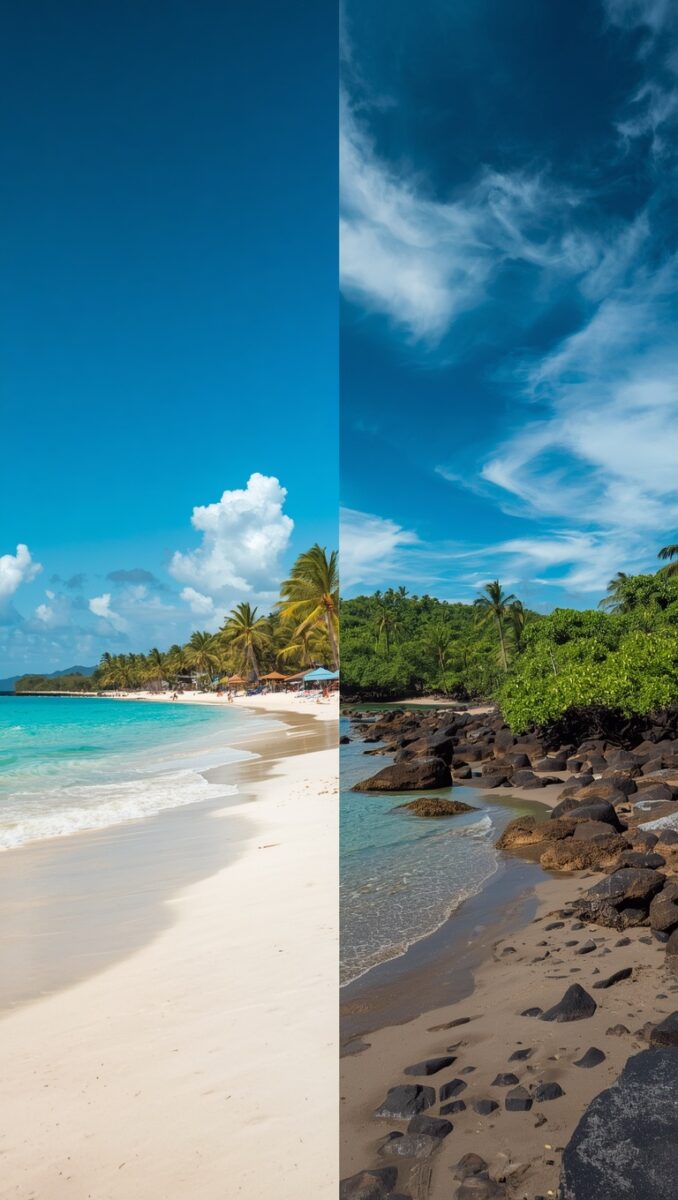 Split comparison of two tropical beaches: white sand with turquoise water on left, rocky dark sand shore on right