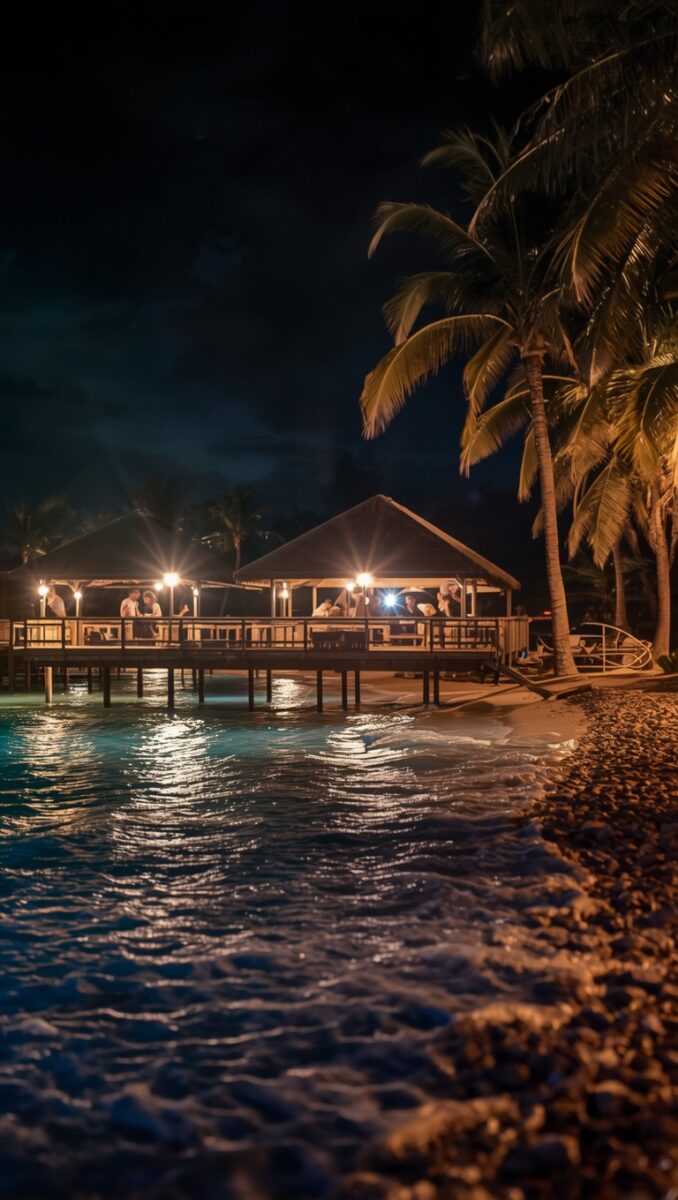 Illuminated overwater restaurant on a tropical beach at night with palm trees and glowing ocean reflections
