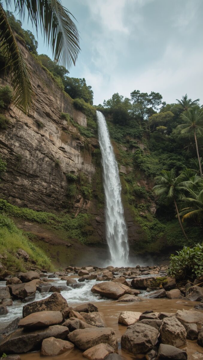 Tall single-drop waterfall cascading down a rocky cliff face surrounded by tropical jungle and palm trees