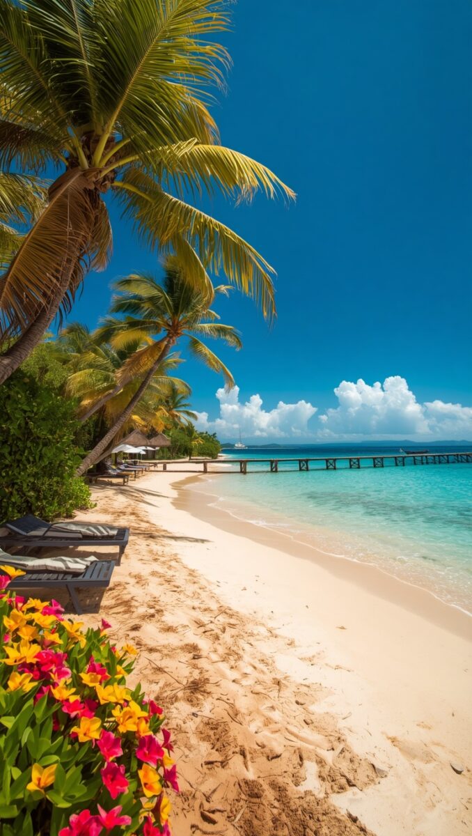 Tropical beach with white sand, turquoise water, palm trees, colorful flowers, lounge chairs, and wooden pier