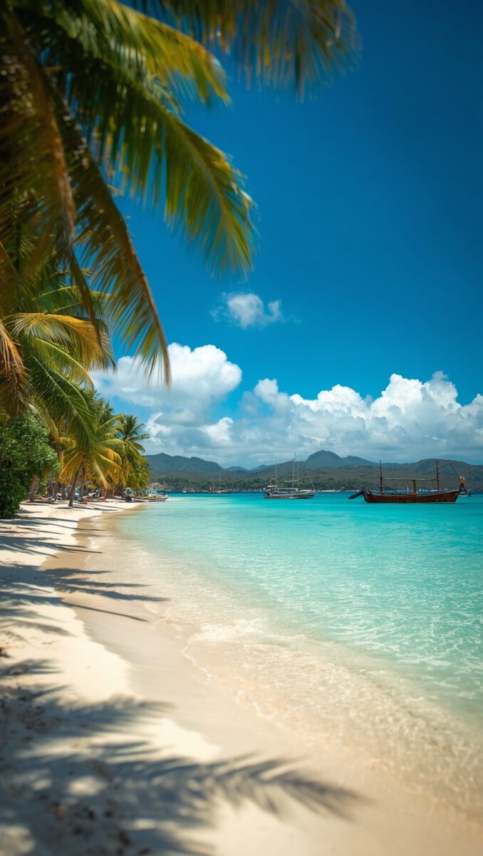 Tropical white sand beach with turquoise water, palm trees, sailboats, and green mountains under blue sky