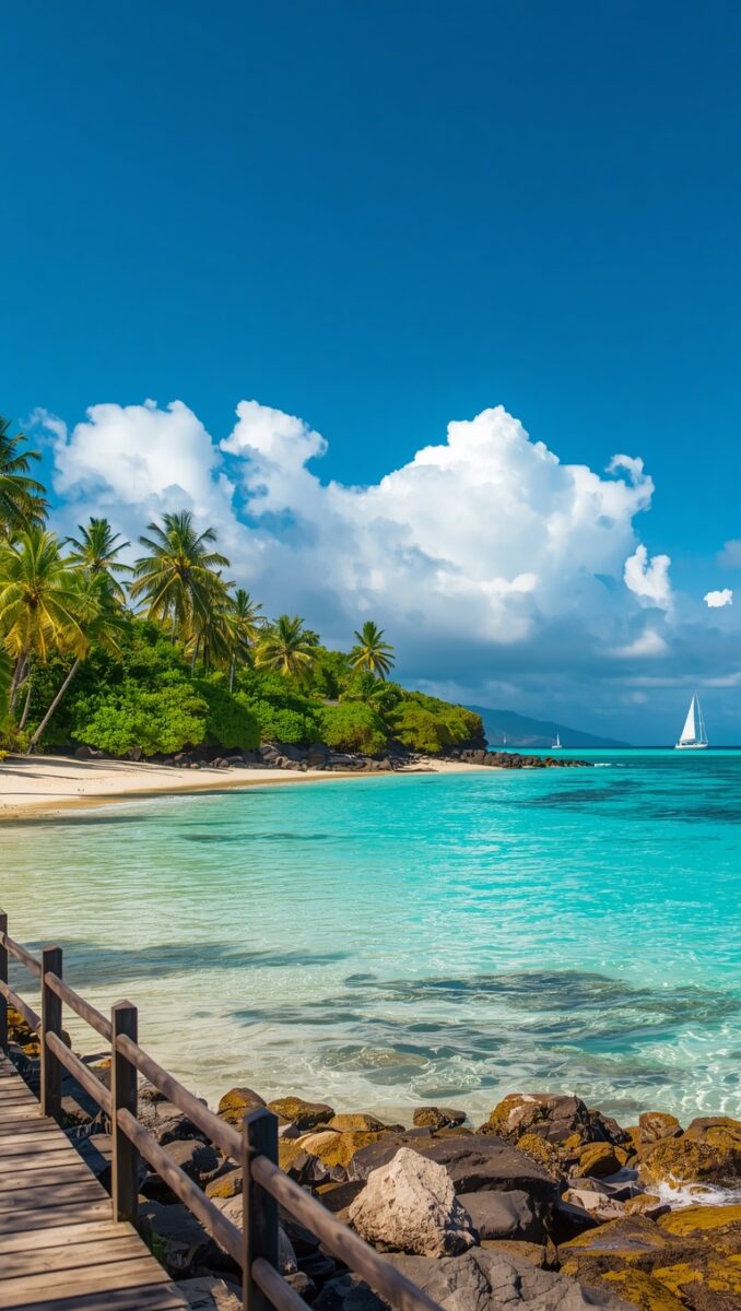 Wooden boardwalk leading to a turquoise tropical beach with palm trees and a sailboat on the horizon
