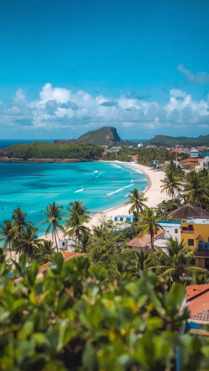 Aerial view of a Caribbean beach town with turquoise waters, white sand, palm trees, and colorful buildings
